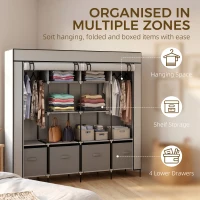 HOMCOM Fabric Wardrobe for Bedroom, Portable Cloth Wardrobe with 10 Compartments, 2 Hanging Rails and 4 Fabric Drawers, 166 x 42.5 x 169.5cm, Dark Grey(m-4)
