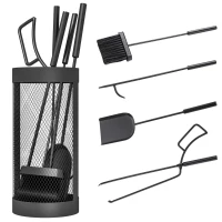 Outsunny 5-delig Openhaardgereedschap, Bezem, Schep, Tang, Pook en Mand, Brandbestendig Metaal, Zwart(m-14)