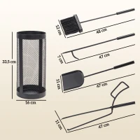 Outsunny 5-delig Openhaardgereedschap, Bezem, Schep, Tang, Pook en Mand, Brandbestendig Metaal, Zwart(m-3)