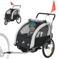 HOMCOM Remorque vélo enfant 2 en 1 avec ceinture de sécurité 5 points, réflecteurs, drapeau et rideau coupe-vent, noir(m-11)