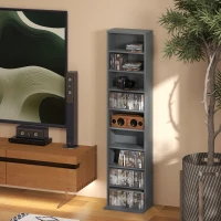 HOMCOM Arrumação para CD e DVD 9 Compartimentos e 6 Prateleiras Ajustáveis Capacidade Máx. 260 CD/120 DVD 33x24x140 cm Cinza(m-4)