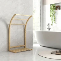 HOMCOM Porte-serviettes en bambou 3 barres avec étagère de rangement, pour la salle de bains et la buanderie, finition naturel(m-2)