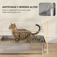 PawHut Arenero XXL de Acero Inoxidable de 130L con Tapa Abatible de 180° Laterales Altos con Pala y Pedal 70x50x43 cm Gris(m-7)