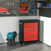HOMCOM Chariot à outils sur roulettes, Servante d'atelier en acier 5 tiroirs verrouillable 2 clés, 61,5 x 33 x 82,5 cm, rouge(m-2)