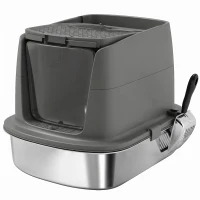 PawHut Large Stainless Steel Litter Box, Enclosed Metal Cat Litter Tray with Scoop, Deodoriser Bag, Front-Entry and Top-Exit(m-1)