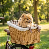 PawHut Fahrradkorb für Hunde & Katzen, Handgeflochtener Tierkorb mit Metallabdeckung & weichem Kissen, Hellbraun(m-9)