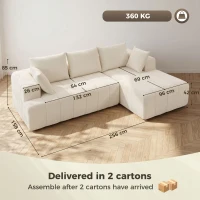 HOMCOM Canapea colțar 256 cm cu șezlong, canapea-extensibilă 3 locuri în chenille formă L, șezut și cotiere late, bej(m-3)