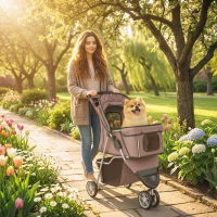 PawHut Cărucior Pliabil pentru Câini cu 3 Roți și Capotă, Maro(m-2)