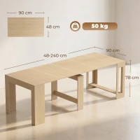 HOMCOM Uitschuifbare eettafel voor kleine ruimtes, om te bouwen tot console, zitplaatsen voor 10 personen, houtlook lichtbruin(m-3)