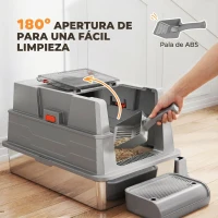 PawHut Arenero XXL de Acero Inoxidable de 130L con Tapa Abatible de 180° Laterales Altos con Pala y Pedal 70x50x43 cm Gris(m-8)