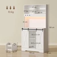 HOMCOM Credenza Cucina con Prese Elettriche, Luce LED, Portabottiglie e Ante Scorrevoli, 100x38x180 cm, Bianco(m-3)