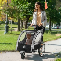 HOMCOM Kinderfahrradanhänger, Schiebewagen, mit Bremsen, klappbar, für 2 Kinder, Grau/Schwarz(m-10)