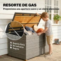 Outsunny Caja de Jardín 450 L Polyrattan Impermeable Caja para Cojines con Tapa de Madera FSC y Pistones de Gas Forro Interior(m-7)