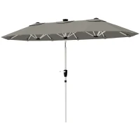 Outsunny 3 m Double-Sided Garden Parasol with LED Solar Lights, Tilt, Outdoor Extra Large Sun Umbrella with Crank Handle, Grey(m-11)