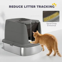 PawHut Large Stainless Steel Litter Box, Enclosed Metal Cat Litter Tray with Scoop, Deodoriser Bag, Front-Entry and Top-Exit(m-6)