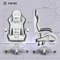 Vinsetto Cadeira Gaming de Couro PU com Altura Ajustável Reclinável 135° e Apoio para os Pés Retrátil 65x65x121-129 cm Branco e Preto(m-3)