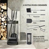 Outsunny Ensemble serviteur de cheminée, serviteur de cheminée à 5 pièces, balai pelle pince tisonnier et seau, métal, noir(m-4)