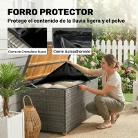 Outsunny Caja de Jardín 450 L Polyrattan Impermeable Caja para Cojines con Tapa de Madera FSC y Pistones de Gas Forro Interior(m-6)
