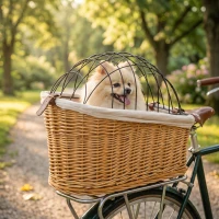 PawHut Fahrradkorb für Hunde & Katzen, Handgeflochtener Tierkorb mit Metallabdeckung & weichem Kissen, Hellbraun(m-2)