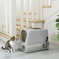 PawHut Extra Large Stainless Steel Litter Box, Enclosed Cat Litter Tray with Scoop, Deodorizer Bag, Front-Entry and Top-Exit(m-9)