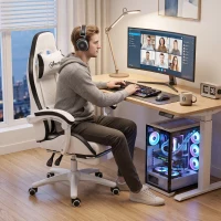 Vinsetto Cadeira Gaming de Couro PU com Altura Ajustável Reclinável 135° e Apoio para os Pés Retrátil 65x65x121-129 cm Branco e Preto(m-9)