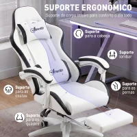 Vinsetto Cadeira Gaming de Couro PU com Altura Ajustável Reclinável 135° e Apoio para os Pés Retrátil 65x65x121-129 cm Branco e Preto(m-4)