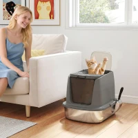 PawHut Large Stainless Steel Litter Box, Enclosed Metal Cat Litter Tray with Scoop, Deodoriser Bag, Front-Entry and Top-Exit(m-14)