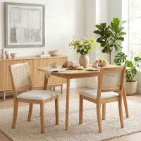 HOMCOM Set 2 sedie da pranzo con seduta imbottita e schienale effetto rattan, Rovere e Crema(m-2)