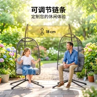 Outsunny Hängesessel mit Gestell faltbar Polyrattan Hängekorb mit Kissen Sicherheitsgurt Kopfstütze Bänder, höhenverstellbar(m-7)