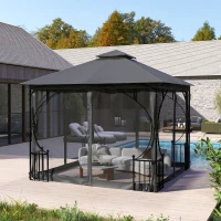 Outsunny 3 x 3m Garden Gazebo Patio Party Tent Shelter Outdoor Canopy Double Tier Sun Shade with Metal Frame and Netting, Dark Grey(m-10)