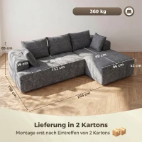 HOMCOM 3-osobowy narożnik w kształcie L z otomaną, przekształcalna sofa Chenille-Cloud z wkładem sprężynowym, szary(m-3)
