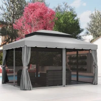 Outsunny 3 x 4m Aluminium Garden Gazebo, Marquee Canopy Shelter Pavilion Party Tent with Nets and Curtains for Garden and Deck, Light Grey(m-10)