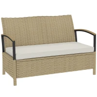 Outsunny 125L Garden Storage Bench, 2 Seater PE Rattan Outdoor Bench Storage Box with Padded Cushion, Khaki(m-1)