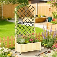 Outsunny Raised Garden Bed with Metal Trellis, Wooden Elevated Planter Box with Lockable Wheels, Outdoor Raised Planter, Natural(m-2)