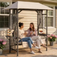 Outsunny Outdoor Garden 2 Seater Canopy Swing Chair Seat Porch Loveseat Vintage Hammock Cushioned Seat w/ Steel Frame and Side Drink Panel, Beige(m-2)