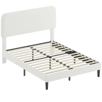 HOMCOM Cadre de Lit 140x190cm avec Sommier, Tête de Lit Réglable, Lit Double Rembourré en Velours Teddy, Lattes en Métal, Blanc(m-1)