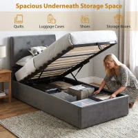 HOMCOM Single Bed Frame Gas End Lift Under Bed Storage Upholstered Platform Bed Tufted Headboard for 90 x 190 cm Mattress(m-4)