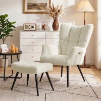 HOMCOM Sessel mit Fußhocker aus Teddy-Stoff mit hoher, gesteppter Rückenlehne, Seitentaschen, Beige(m-6)