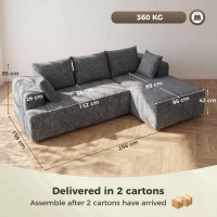 HOMCOM Canapea colțar 3 locuri în formă de L cu otomană, canapea extensibilă tip Chenille-Cloud cu tapițerie cu arc, Gri(m-3)
