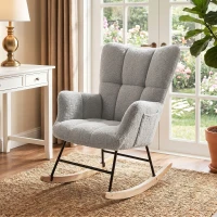 HOMCOM Rocking Chair, Teddy Fleece Rocker Chair with Tufted Wingback, Side Pockets, Rubber Wood Legs, Light Grey(m-10)