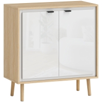 HOMCOM Buffet à haute brillance, meuble de rangement avec double porte, étagère réglable, 72 x 35 x 77 cm, blanc et chêne