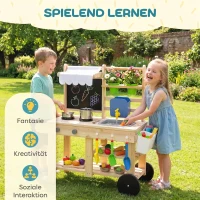 AIYAPLAY Matschküche Kinder Outdoor, Spielküche aus Holz mit echtem Wasserhahn, Spüle, Herd, Ablagefach, Wassertank, Naturholz(m-9)