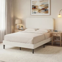 HOMCOM Cadre de Lit 140x190cm avec Sommier, Tête de Lit Réglable, Lit Double Rembourré en Velours Teddy, Lattes en Métal, Blanc(m-8)