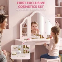 AIYAPLAY Coiffeuse pour Enfants avec Tabouret et Miroir à Trois Volets en Acrylique, 2 Tiroirs et 2 Placards, Rose(m-8)