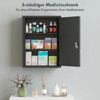 kleankin Medizinschrank zur Wandmontage mit Schloss, 3-stufiger Stahl-Wandschrank, 40 x 15 x 53,5 cm, Schwarz(m-5)