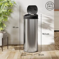HOMCOM Sensor prullenbak 55 L contactloze afvalbak met soft-close deksel van RVS voor keuken en sportschool(m-3)