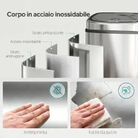 HOMCOM Pattumiera con Sensore a Infrarossi da 50L in Acciaio Inox con 2 Modalità di Apertura, Argento(m-8)