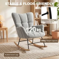 HOMCOM Rocking Chair, Teddy Fleece Rocker Chair with Tufted Wingback, Side Pockets, Rubber Wood Legs, Light Grey(m-8)