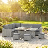Outsunny Seven-Piece Firepit Table Rattan Sofa Set - Grey(m-10)
