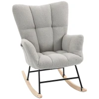 HOMCOM Rocking Chair, Teddy Fleece Rocker Chair with Tufted Wingback, Side Pockets, Rubber Wood Legs, Light Grey(m-14)